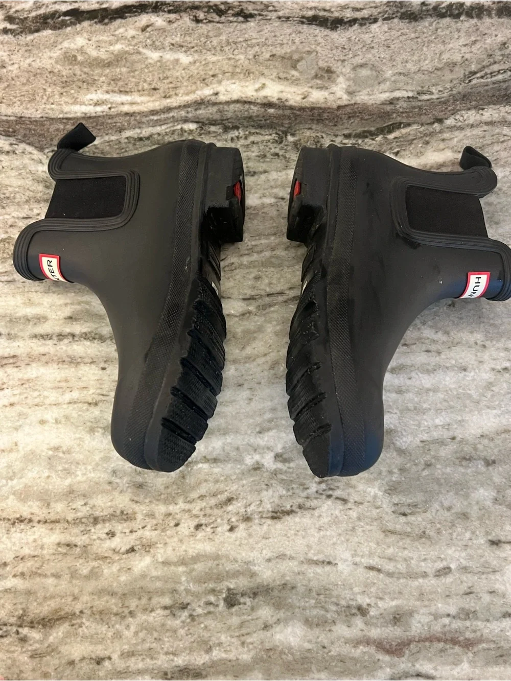 Hunter women’s Black Chelsea Rain Boots with Red Logo